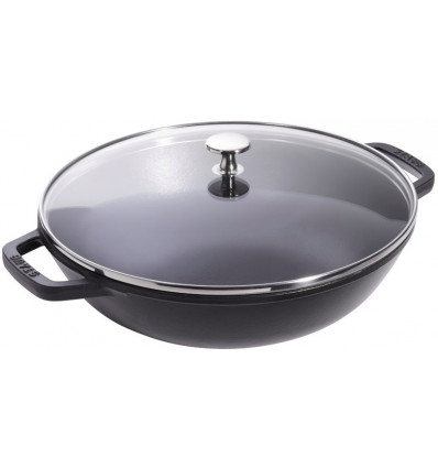 WOK 30CM ZWART MET GLAZEN DEKSEL