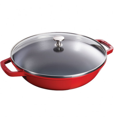 WOK 30CM ROOD MET GLAZEN DEKSEL