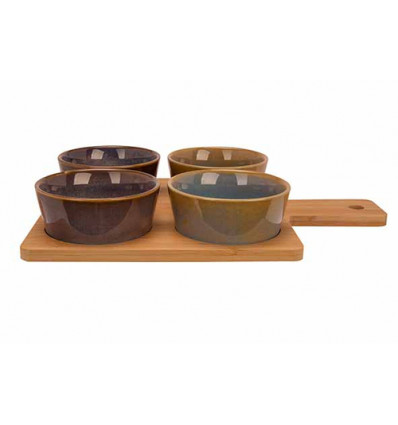 SERVEERPLANK BAMBOE MET 4 BOWLS D10x4CM MET HANDVAT