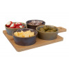 SERVEERPLANK BAMBOE MET 4 BOWLS D10x4CM MET HANDVAT