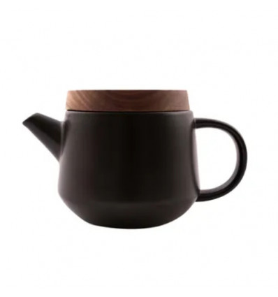 THEEPOT ZWART MT HOUTEN DEKSEL 600ML POINT VIRGULE AARDEWERK