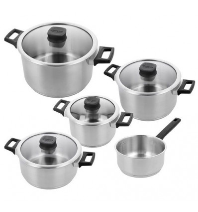 5 DELIGE KOOKPOTSET COMFORT 3 DEMEYERE 3-lagen bodem, bakeliet grepen