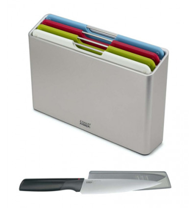 SET 4 SNIJPLANKEN IN HOUDER MET CHEFMES JOSEPH FOLIO INDEX ZILVER GIFTSET