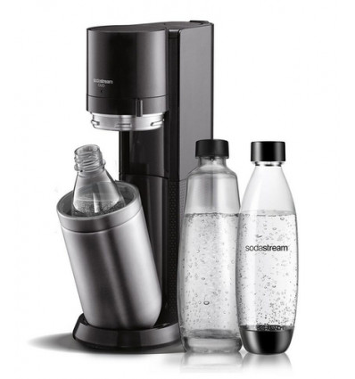 FRISDRANKMACHINE DUO ZWART NEW MET 1 GLAZEN FLES EN 1 PLASTIC FLES