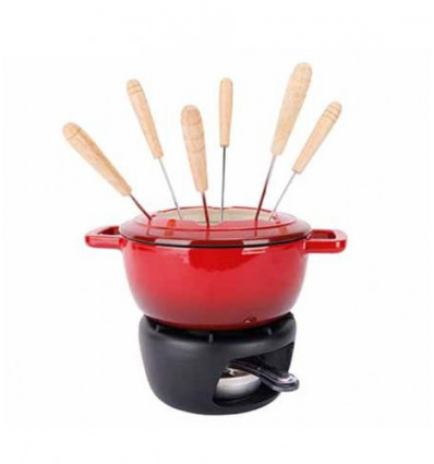 FONDUE GIETIJZER ROOD + 6 FONDUEVORKJES FONTESTIC TRADITIONAL RED D18CM