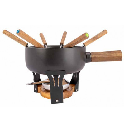 FONDUE STONEWARE 20.5CM +6FONDUEVORKJES ASPEN ZWART