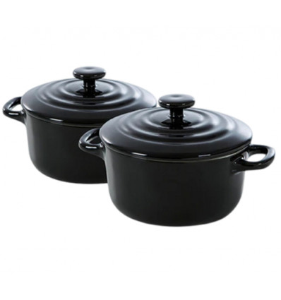 SET 2 MINI STOOFPOTJES 10CM ZWART AARDEWERK COCOTTE BOURGOGNE