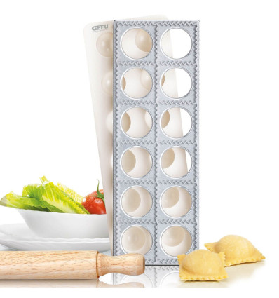 RAVIOLIPLAAT 12 RONDE TASCA GEFU 3-DELIG met inzetvorm en deegrol