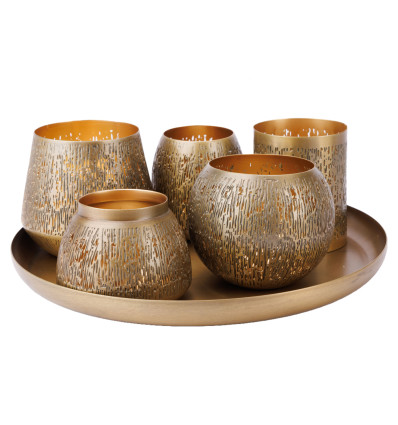 5 THEELICHTHOUDERS+SCHAAL BRASS GOLD GIFTSET 6DELIG NOYA